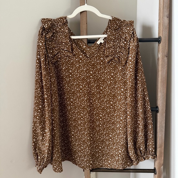 Oddi Tops - ODDI Brown Leopard Print Ruffle Shoulder Blouse - Size 2XL